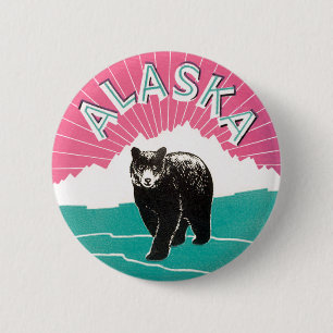Vintage Travel Poster, Alaska Black Bear in Snow 2 Inch Round Button