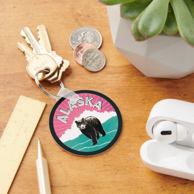 Vintage Travel Poster, Alaska Black Bear in Snow Keychain (Desk)