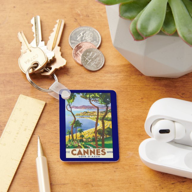 Vintage Travel Poster, Beach in Cannes, France Keychain (Desk)