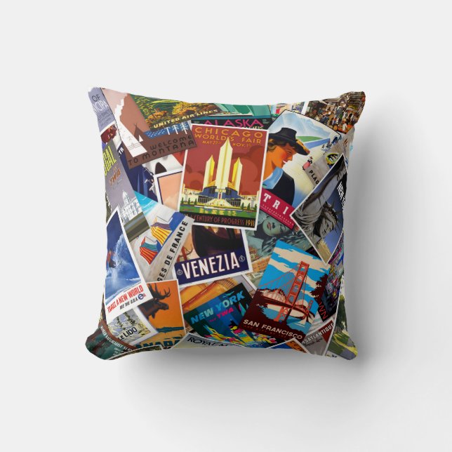 Vintage Travel Poster Collage No. 1 Throw Pillow (Front)