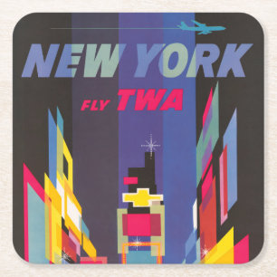 Vintage Travel Poster, Fly Twa, New York Square Paper Coaster