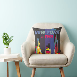Vintage Travel Poster, Fly Twa, New York Throw Pillow