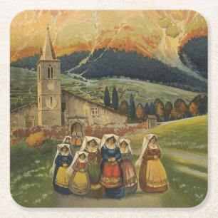Vintage Travel Poster For Abruzzo, Italy. Square Paper Coaster