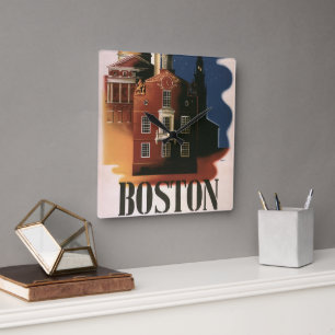 Vintage Travel Poster from Boston, Massachusetts Square Wall Clock