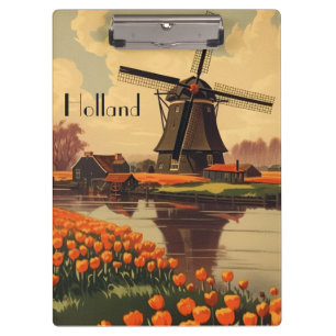Vintage Travel Poster of Holland, tulips and mills Clipboard
