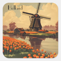 Vintage Travel Poster of Holland, tulips and mills