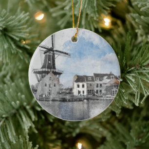 Vintage Travel Poster of Netherlands and mill Ceramic Ornament