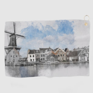 Vintage Travel Poster of Netherlands and mill Golf Towel