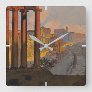 Vintage Travel Poster Of The Roman Forum At Dawn. Square Wall Clock