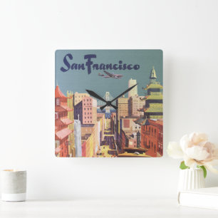 Vintage Travel Poster San Francisco Cable Cars Square Wall Clock