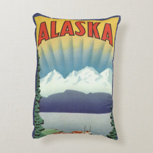 Vintage Travel Poster, Scenic Alaska Landscape Accent Pillow