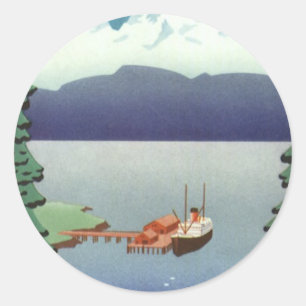 Vintage Travel Poster, Scenic Alaska Landscape Classic Round Sticker