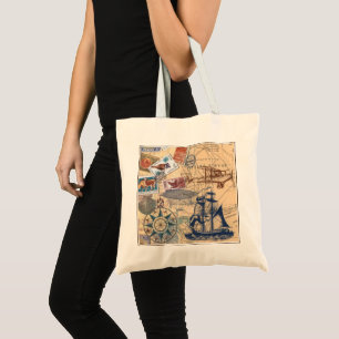 Vintage Travel Poster Ship, Airplane, Seashell Tote Bag
