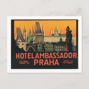 Vintage Travel Praha Czech Republic Hotel Label Postcard