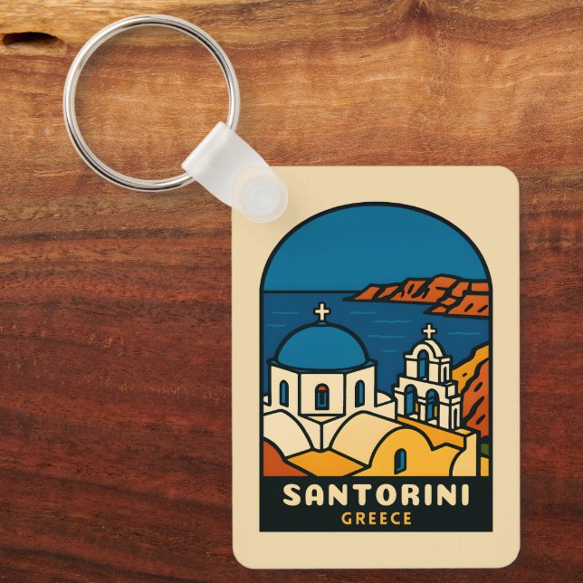 Vintage Travel Santorini Greece Retro Seaside Keychain (Front)