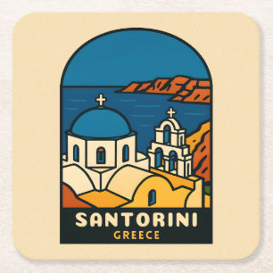 Vintage Travel Santorini Greece Retro Seaside Square Paper Coaster