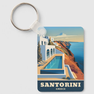 Vintage Travel Santorini Greece Seaside Landscape Keychain