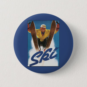 Vintage Travel, Sports Skier Skiing in Winter Snow 2 Inch Round Button