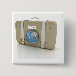 Vintage Travel Suitcase Clock World Map 2 Inch Square Button