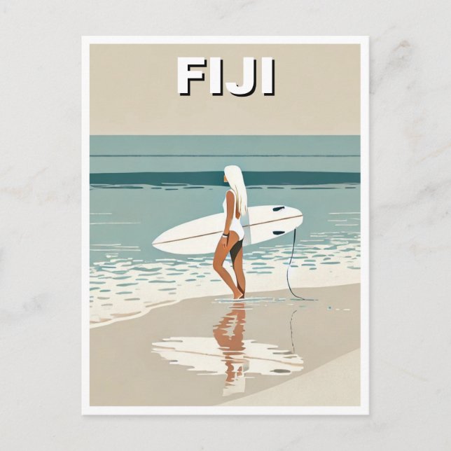 Vintage Travel Surfing in Fiji Surfer Girl Postcard (Front)