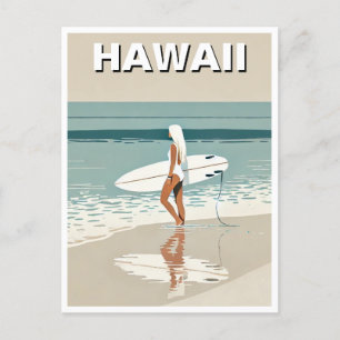 Vintage Travel Surfing in Hawaii Surfer Girl Postcard