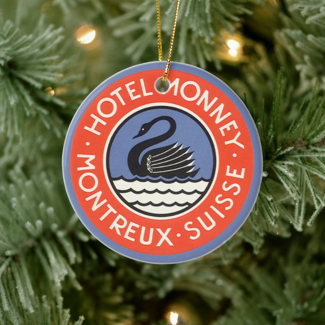 Vintage Travel, Swan Bird Hotel Monney Switzerland Ceramic Ornament (Tree)