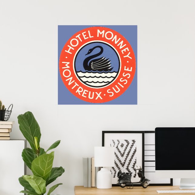 Vintage Travel, Swan Bird Hotel Monney Switzerland Poster (Home Office)