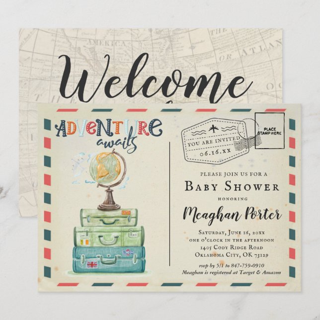 Vintage Travel Themed Baby Shower Invitation (Front/Back)