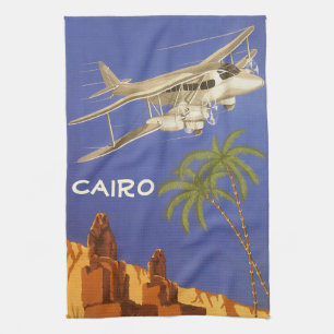 Vintage Travel to Cairo, Eygpt, Biplane Airplane Kitchen Towel
