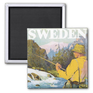 Vintage Travel to Sweden, Fisherman Sports Fishing Magnet