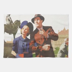 Vintage Travel, Tourists on Vacation Sightseeing Kitchen Towel