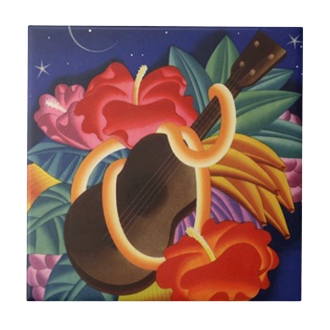 Vintage Travel Ukelele Hibiscus Hawaii Nights Tile (Front)