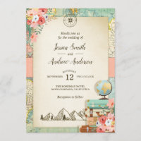 Vintage Travel Wedding Invitation Rustic map Boho