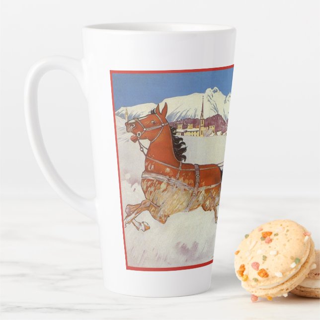 Vintage Travel, Winter in Engadin Switzerland Latte Mug (In Situ)