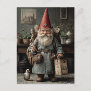 Vintage Traveler Christmas Gnome Postcard