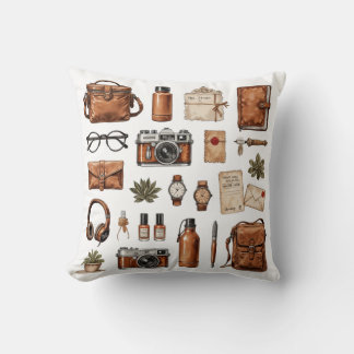 Vintage Traveller's Essentials Throw Pillow