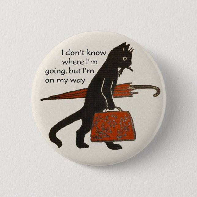 Vintage Travelling Black Cat Round Button Pin (Front)