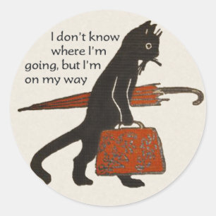 Vintage Travelling Black Cat Round Stickers