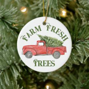 Vintage Tree Farm Red Christmas Truck Ceramic Ornament