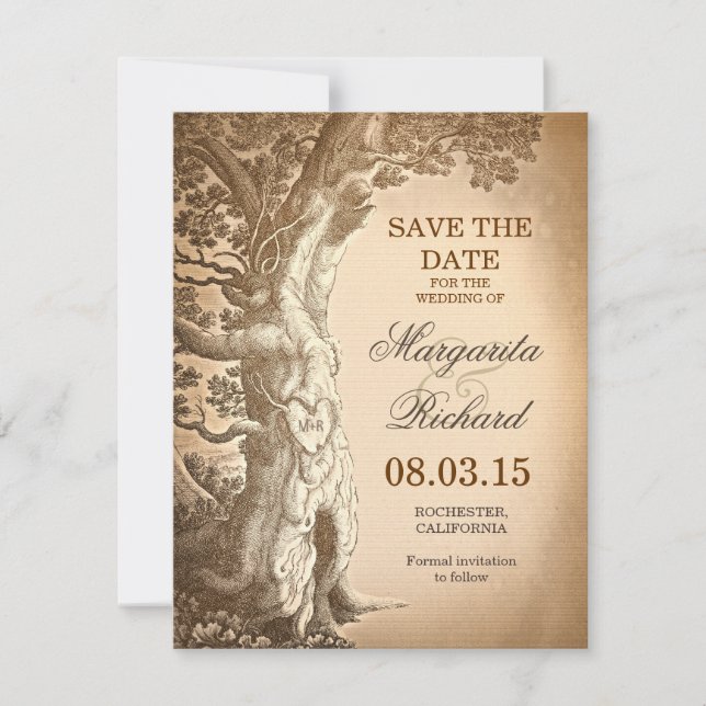 vintage tree old rustic save the date cards (Front)