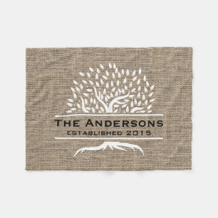 Vintage Tree Rustic Burlap Family Name Established Fleece Blanket