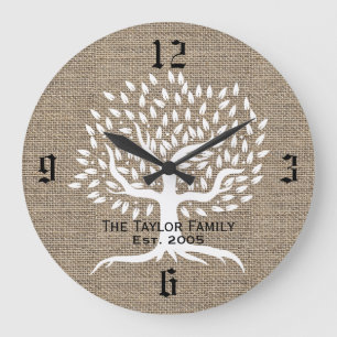 Vintage Tree Rustic Burlap Family Name Established Large Clock