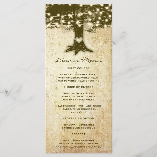 Vintage Tree Rustic String Lights Slim Dinner Menu (Front)