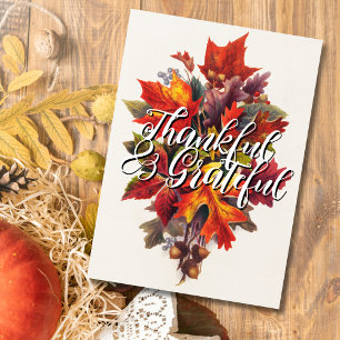 Vintage Trendy Grateful and Thankful Autumn Leaves Holiday Card