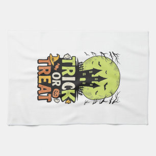 Vintage Trick or Treat Haunted House Halloween Des Kitchen Towel