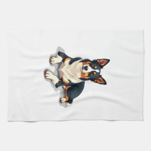Vintage Tricolor Border Collie Portrait Dog Illust Kitchen Towel