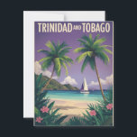Vintage Trinidad and Tobago Travel Postcard<br><div class="desc">Escape to the sunny Caribbean with this vintage-style postcard. The artwork features a tranquil beach scene in Trinidad and Tobago, with swaying palm trees and a sailboat on the crystal-clear turquoise water. The retro design evokes the golden age of tropical travel, making it a perfect souvenir, a note to a...</div>