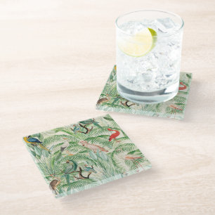 Vintage Tropical Birds and Palm leaves Glass Coaster