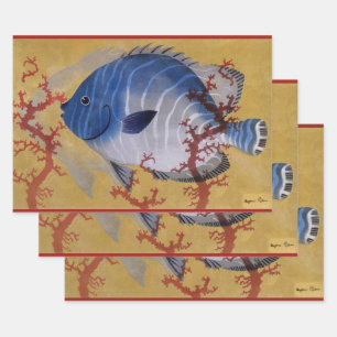 Vintage Tropical Blue Fish Coral Marine Ocean Life Wrapping Paper Sheet