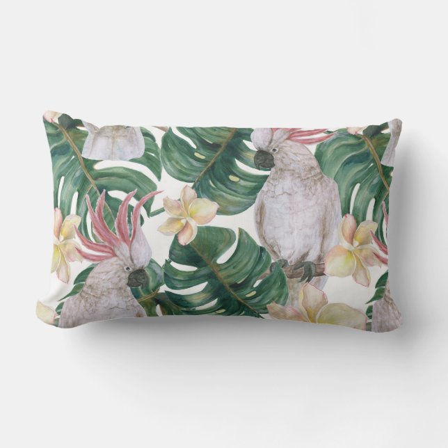 Vintage tropical cockatoo flower lumbar pillow (Front)